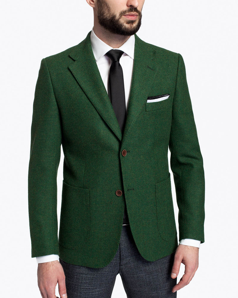 Costum barbatesc clasic, slim fit, sacou verde si pantaloni gri, din lana, Green Emerald Suit