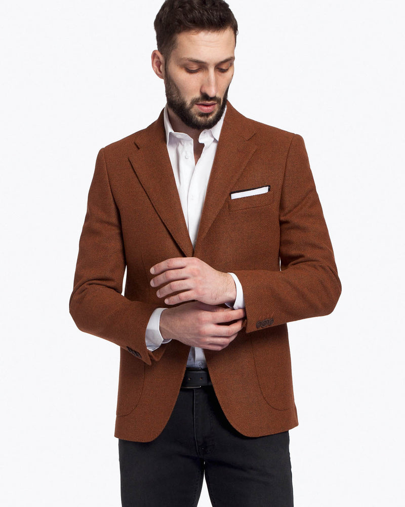 Costum barbati clasic, slim fit, sacou maro si pantaloni negri, din lana, Dark Brown Suit