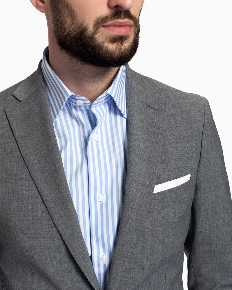 Costum barbati casual, slim fit, gri, din lana, cu snur elastic in talie, Light Grey Suit