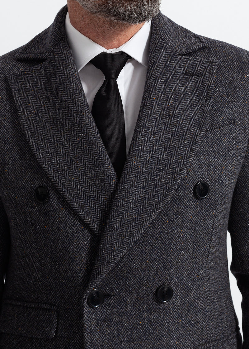 Steel Grey Herringbone Slim Coat, Wool