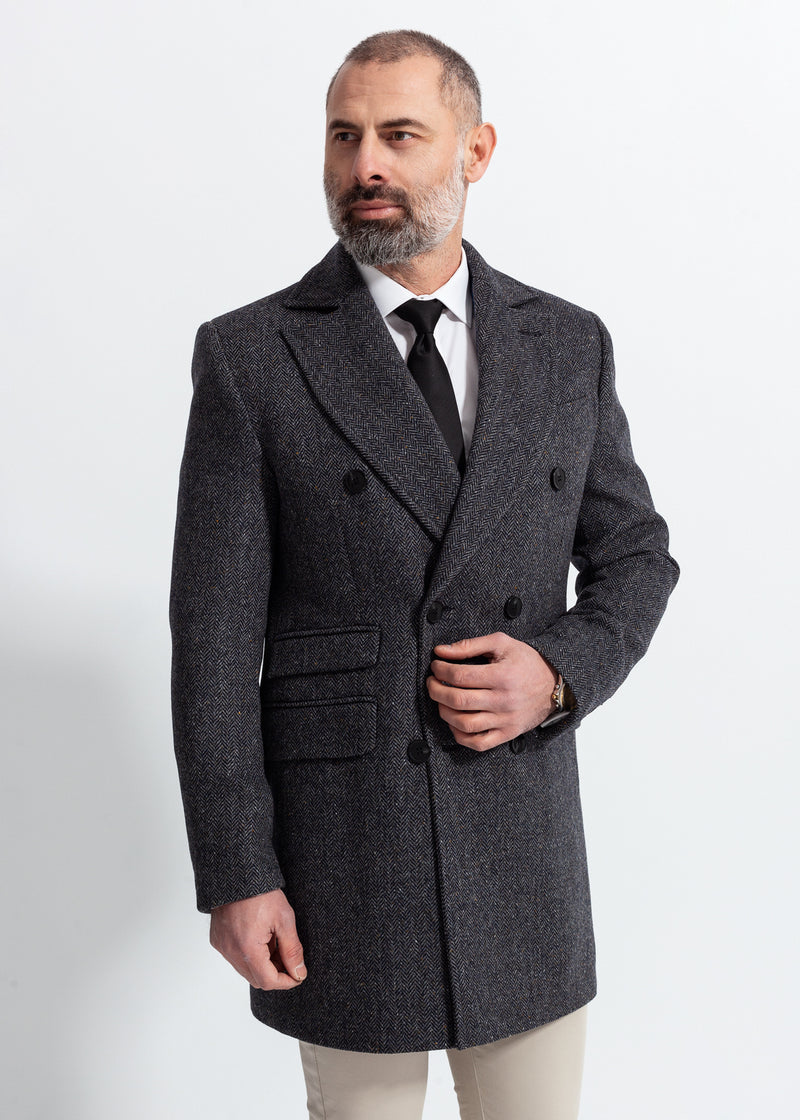 Steel Grey Herringbone Slim Coat, Wool