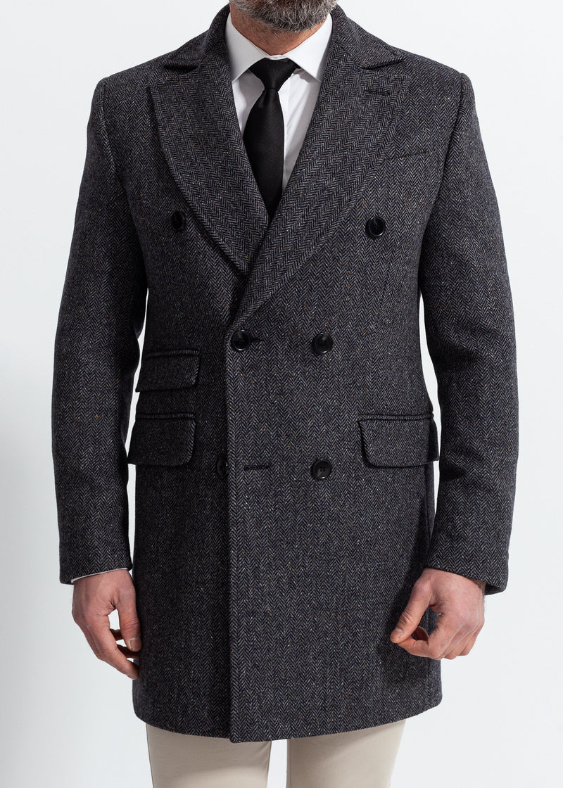 Steel Grey Herringbone Slim Coat, Wool