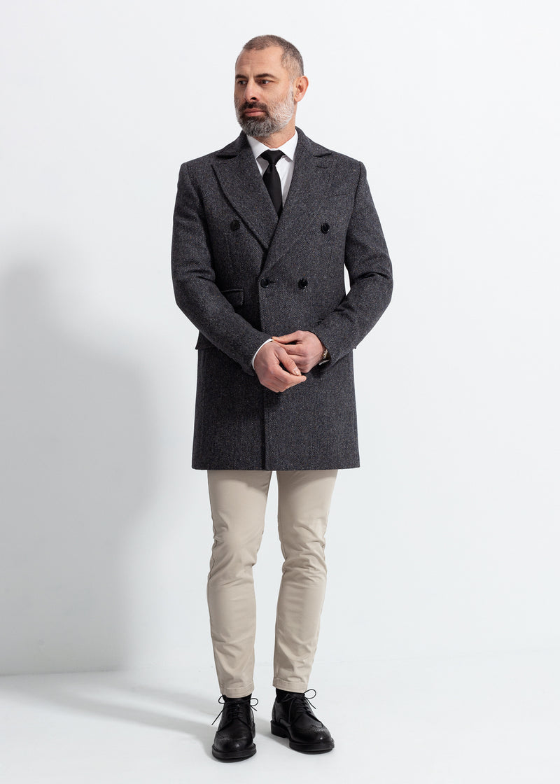 Steel Grey Herringbone Slim Coat, Wool
