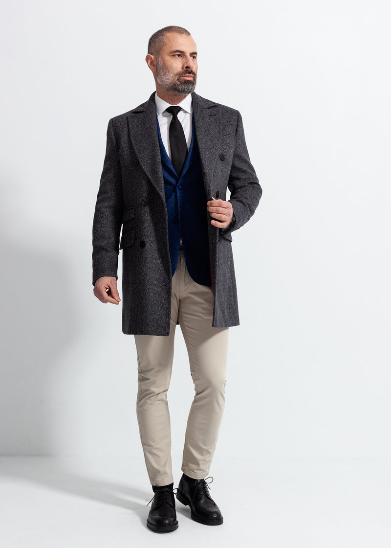 Steel Grey Herringbone Slim Coat, Wool