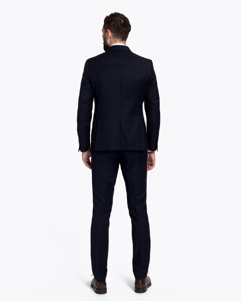 Costum barbati business, slim fit, negru, din lana, cu doua randuri de nasturi, All Black Suit