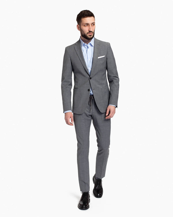 Costum barbati casual, slim fit, gri, din lana, cu snur elastic in talie, Light Grey Suit
