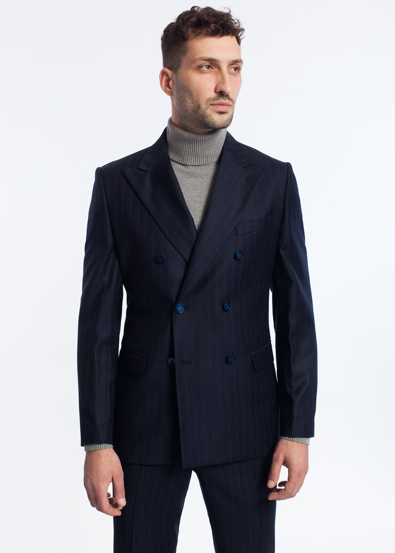 Costum barbatesc business, slim fit, bleumarin, din lana, cu doua randuri de nasturi si dungi albe, BlueSky Suit