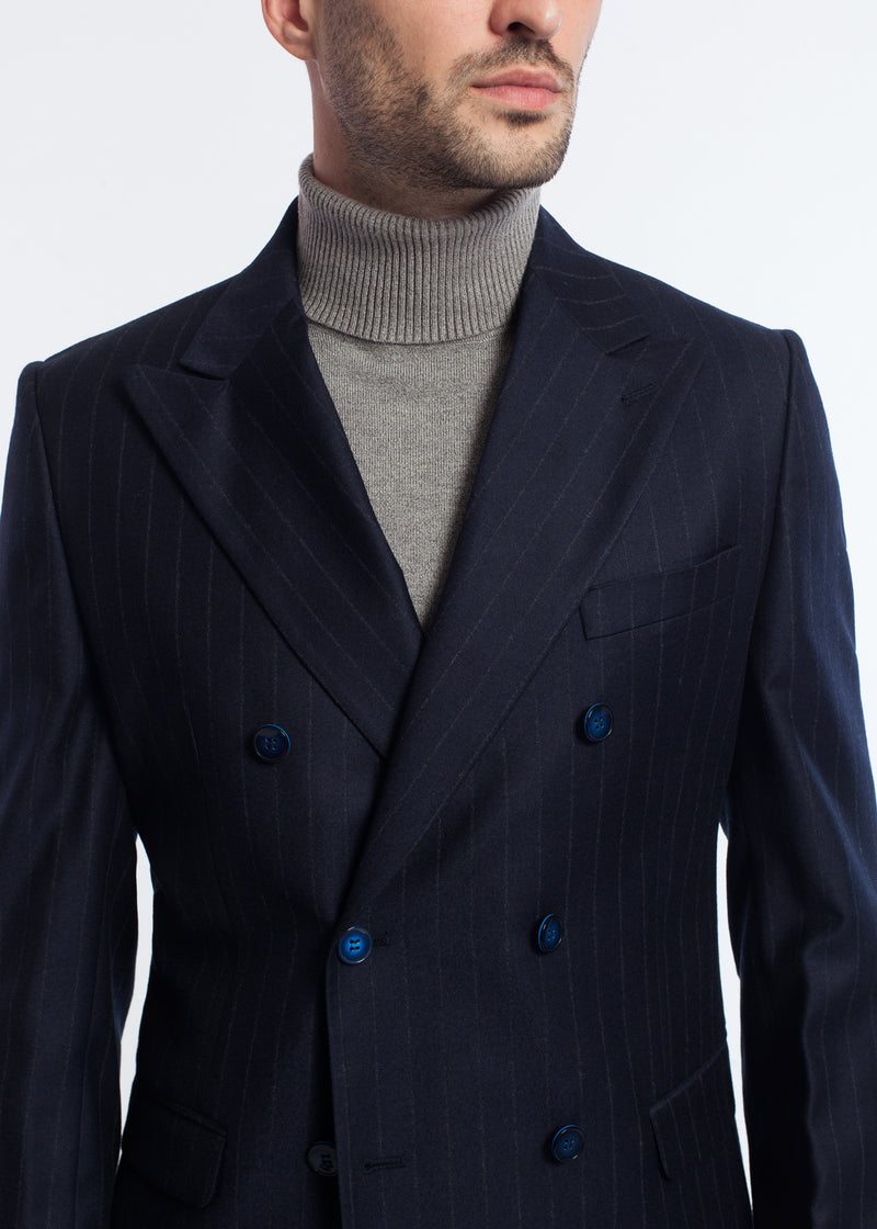 Costum barbatesc business, slim fit, bleumarin, din lana, cu doua randuri de nasturi si dungi albe, BlueSky Suit